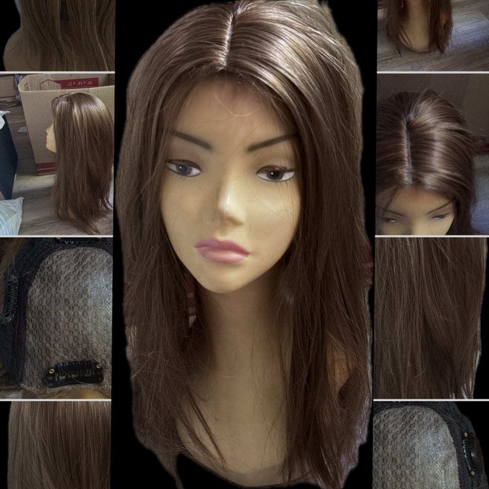 22” Brown Red Highlighted  Hair Topper Straight High Density Synthetic